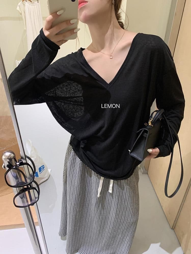 대나무 마디 리브 V넥 긴팔 자외선 차단 블라우스 외부 가져 가라. 셔츠 Tulle 맨위 상세 이미지 25
