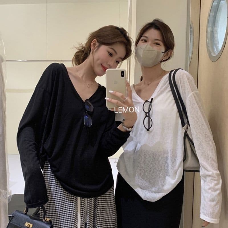 대나무 마디 리브 V넥 긴팔 자외선 차단 블라우스 외부 가져 가라. 셔츠 Tulle 맨위 상세 이미지 28