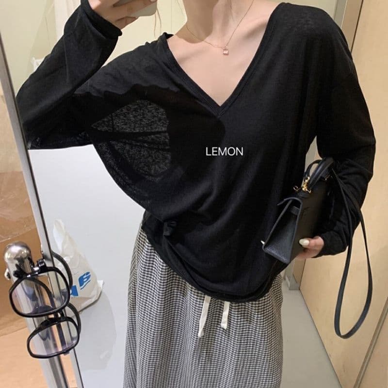 대나무 마디 리브 V넥 긴팔 자외선 차단 블라우스 외부 가져 가라. 셔츠 Tulle 맨위 상세 이미지 29