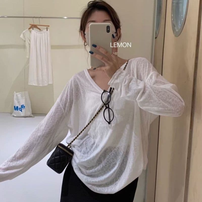 대나무 마디 리브 V넥 긴팔 자외선 차단 블라우스 외부 가져 가라. 셔츠 Tulle 맨위 상세 이미지 31