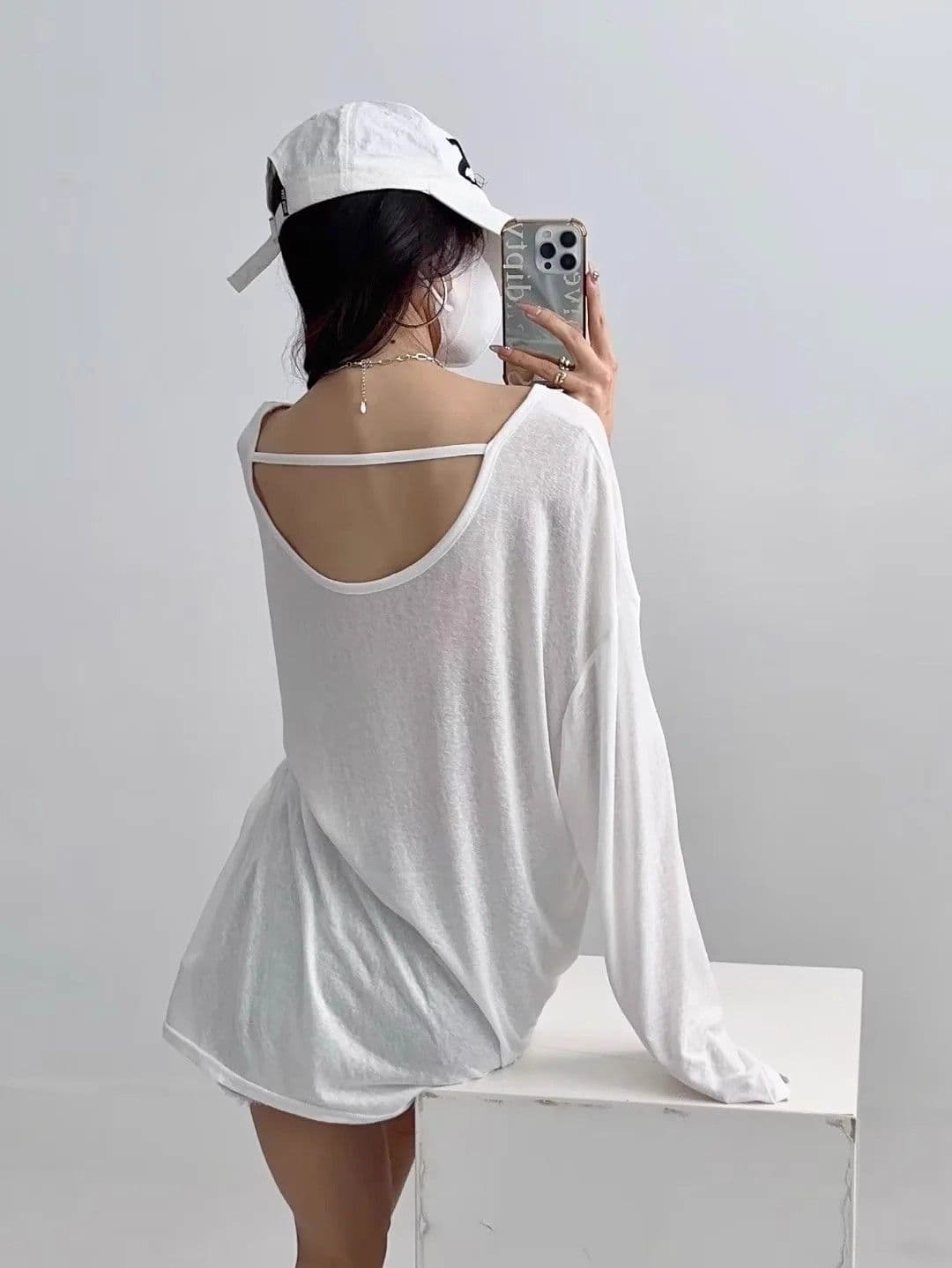 대나무 마디 리브 블라우스 긴팔 티셔츠 느긋한 바람 마이크로 ~을 통해 백리스 자외선 차단 상세 이미지 4