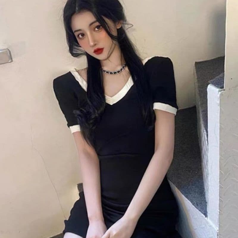 리브 여성 드레스 섹시함 ins 슈퍼 요정 슬림해 보이는 폭발 검정색 이미지 4