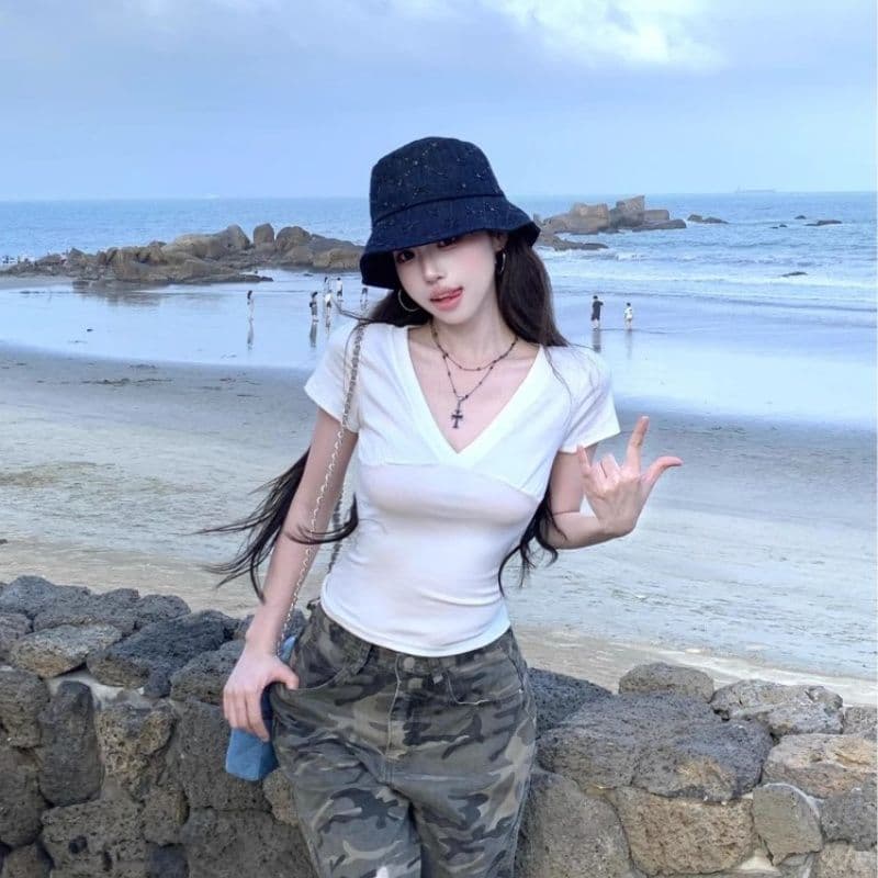 사람들 면 260 그램 화이트 V넥 반팔 티셔츠 여성 여름 이미지 2