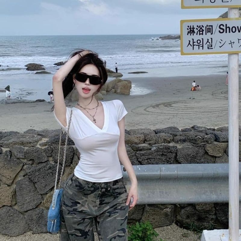 사람들 면 260 그램 화이트 V넥 반팔 티셔츠 여성 여름 이미지 4