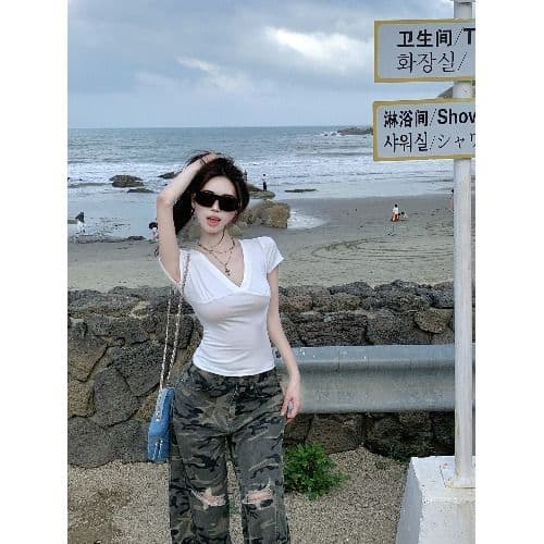 사람들 면 260 그램 화이트 V넥 반팔 티셔츠 여성 여름 상세 이미지 2