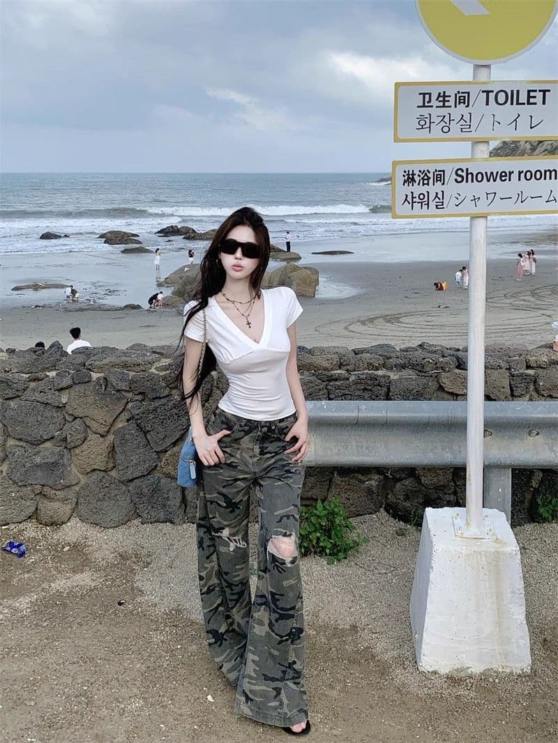 사람들 면 260 그램 화이트 V넥 반팔 티셔츠 여성 여름 상세 이미지 5