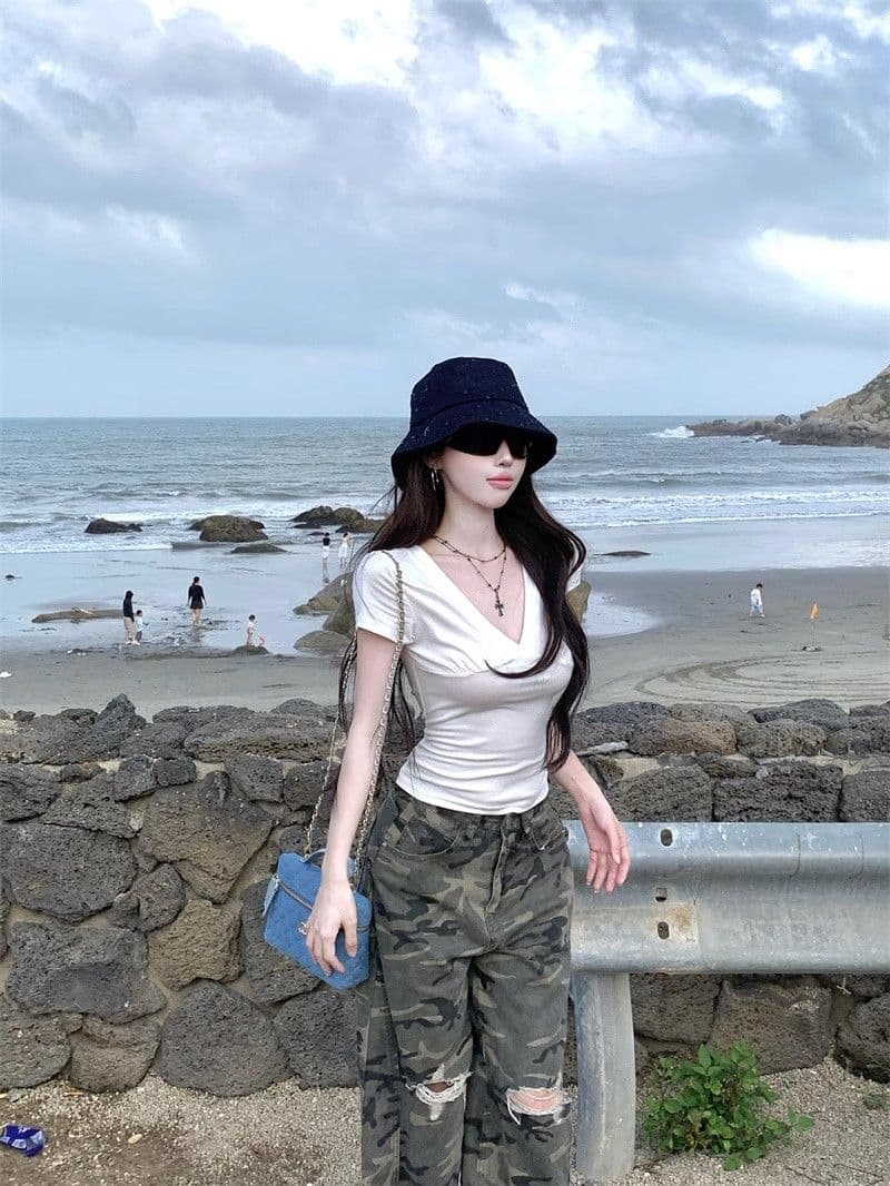 사람들 면 260 그램 화이트 V넥 반팔 티셔츠 여성 여름 상세 이미지 6