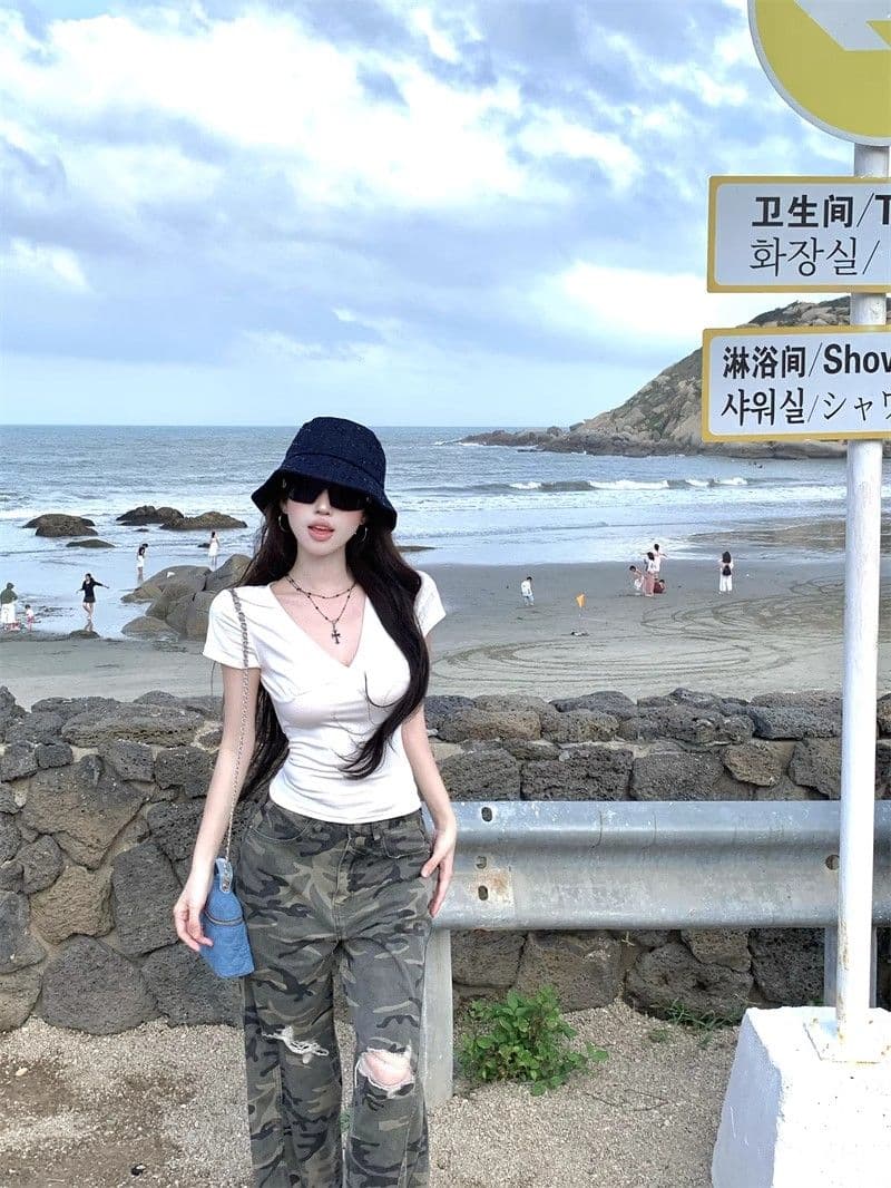 사람들 면 260 그램 화이트 V넥 반팔 티셔츠 여성 여름 상세 이미지 7