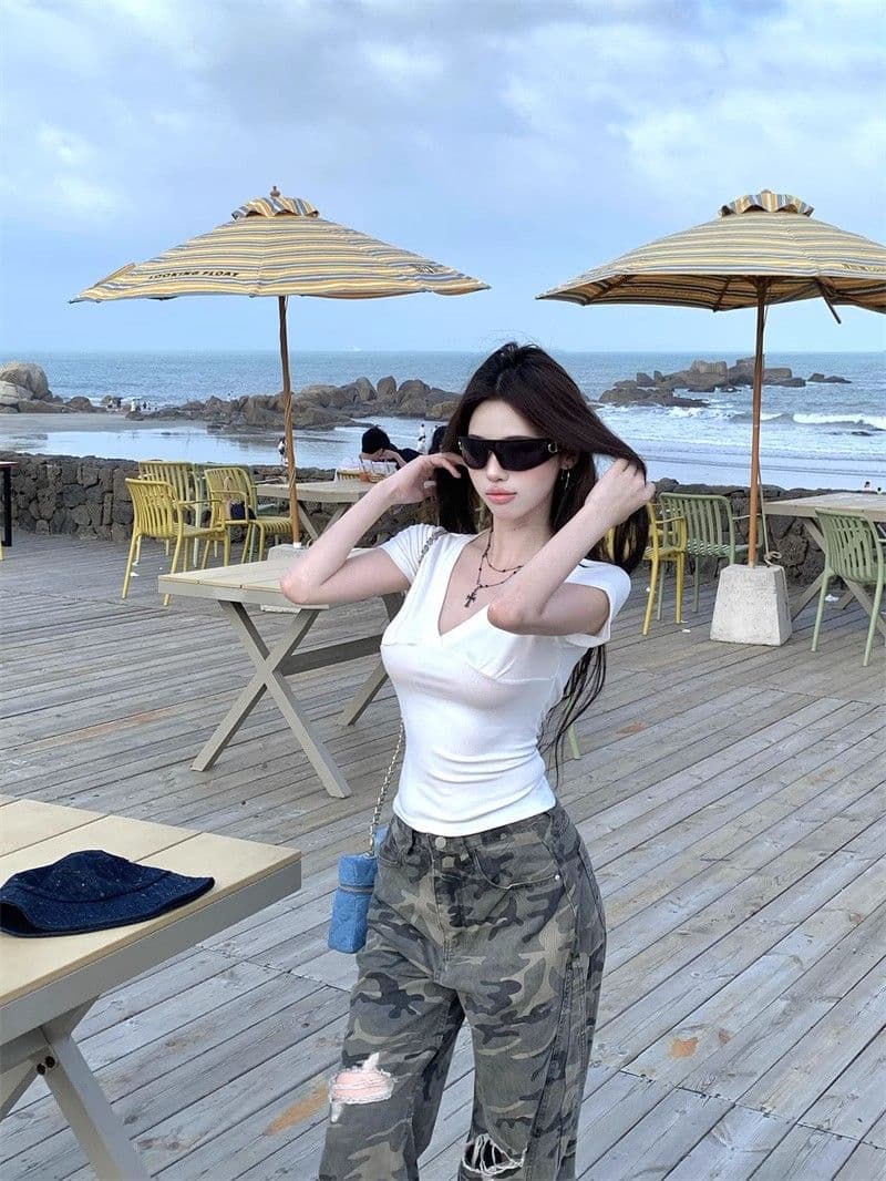 사람들 면 260 그램 화이트 V넥 반팔 티셔츠 여성 여름 상세 이미지 8