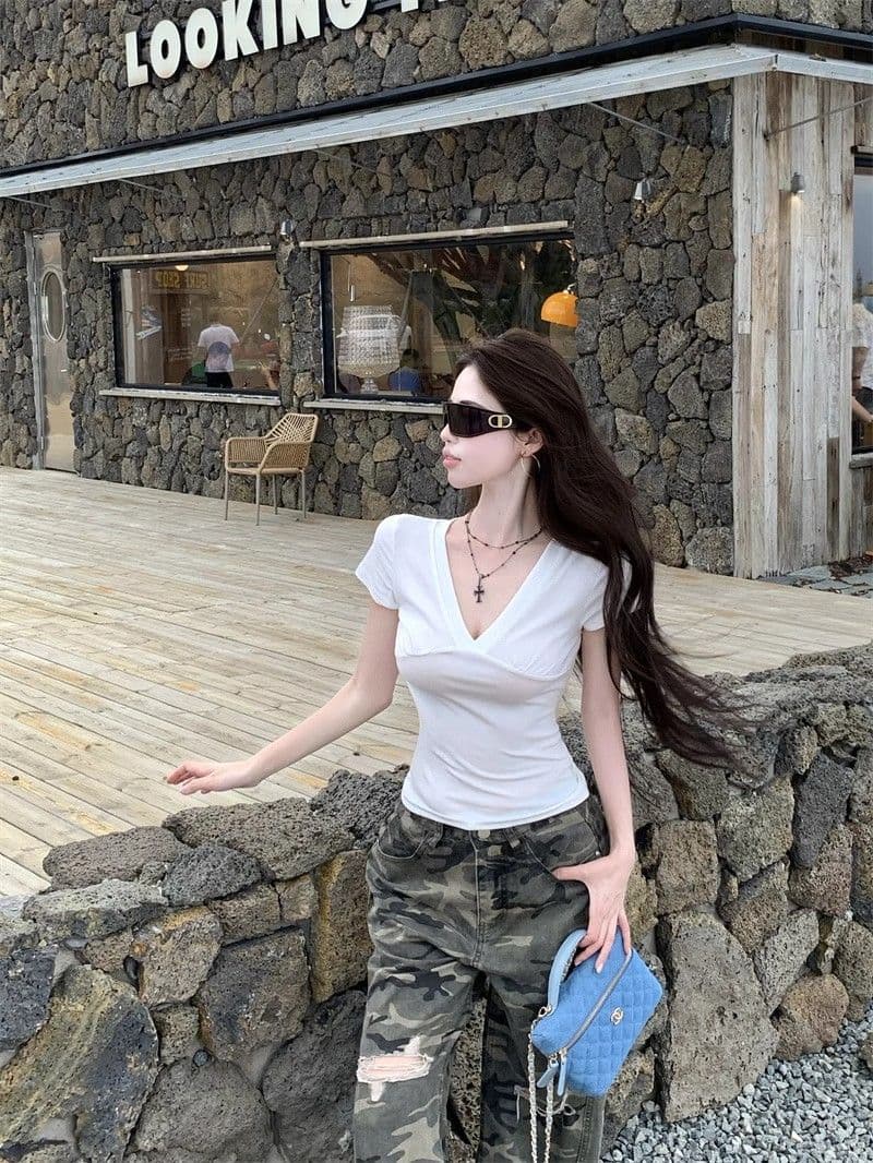 사람들 면 260 그램 화이트 V넥 반팔 티셔츠 여성 여름 상세 이미지 15