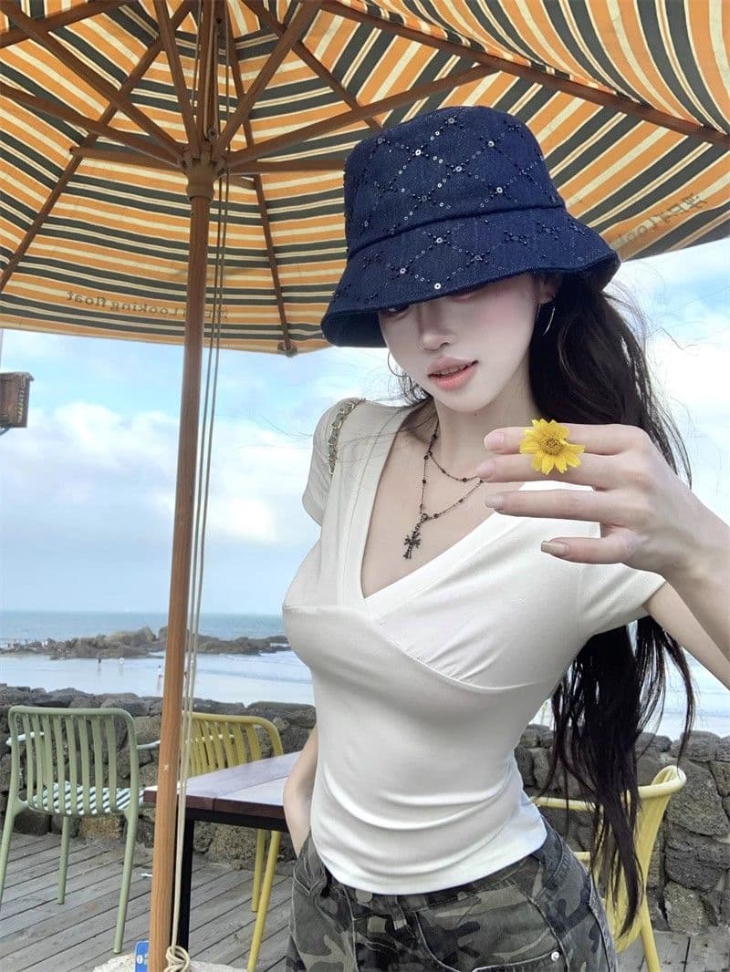 사람들 면 260 그램 화이트 V넥 반팔 티셔츠 여성 여름 상세 이미지 17