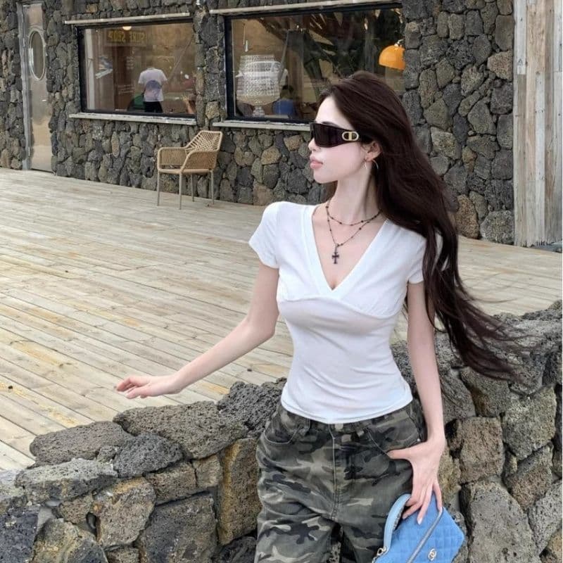 사람들 면 260 그램 화이트 V넥 반팔 티셔츠 여성 여름 상세 이미지 20