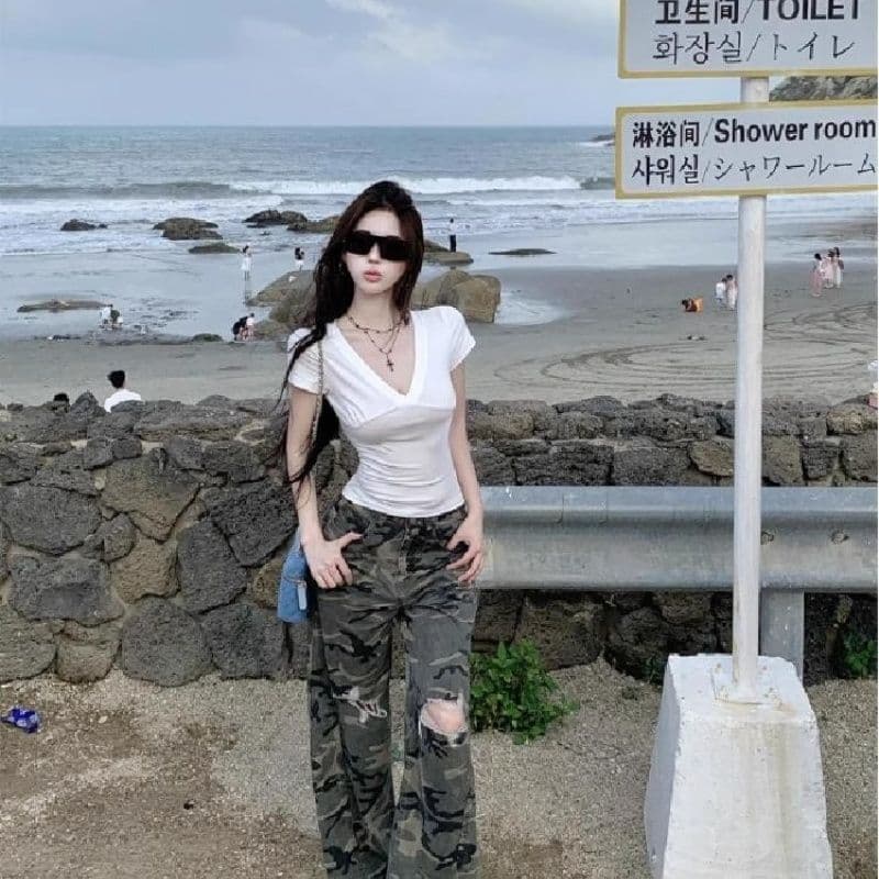 사람들 면 260 그램 화이트 V넥 반팔 티셔츠 여성 여름 상세 이미지 23