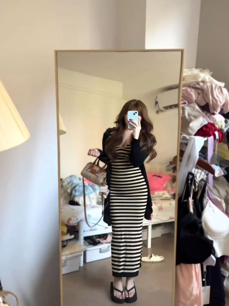 배색 순수한 욕망 스트라이프 슬립 V넥 드레스 섹시함 핫걸 수리 슬림해 보이는 타이트 스커트 롱 스커트 상세 이미지 4