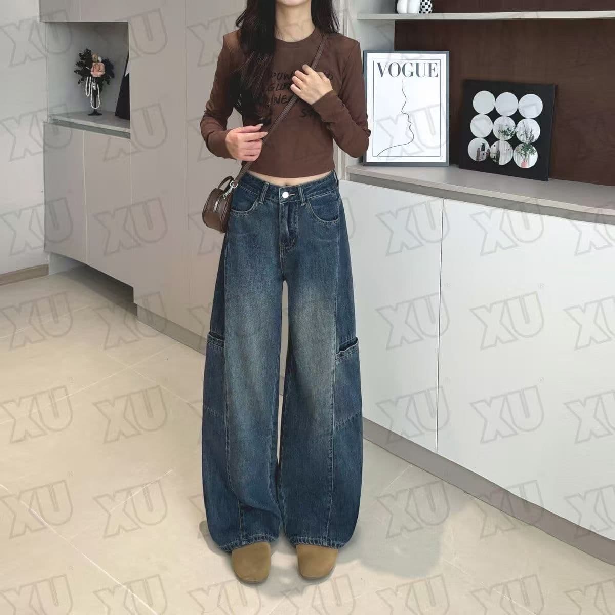 높은 품질 아메리칸 워크웨어 넓은 다리 청바지 여성 가을 새로운 하이웨이스트 디자인 센스 기타 주머니 스트레이트 바닥 청소 바지 상세 이미지 1