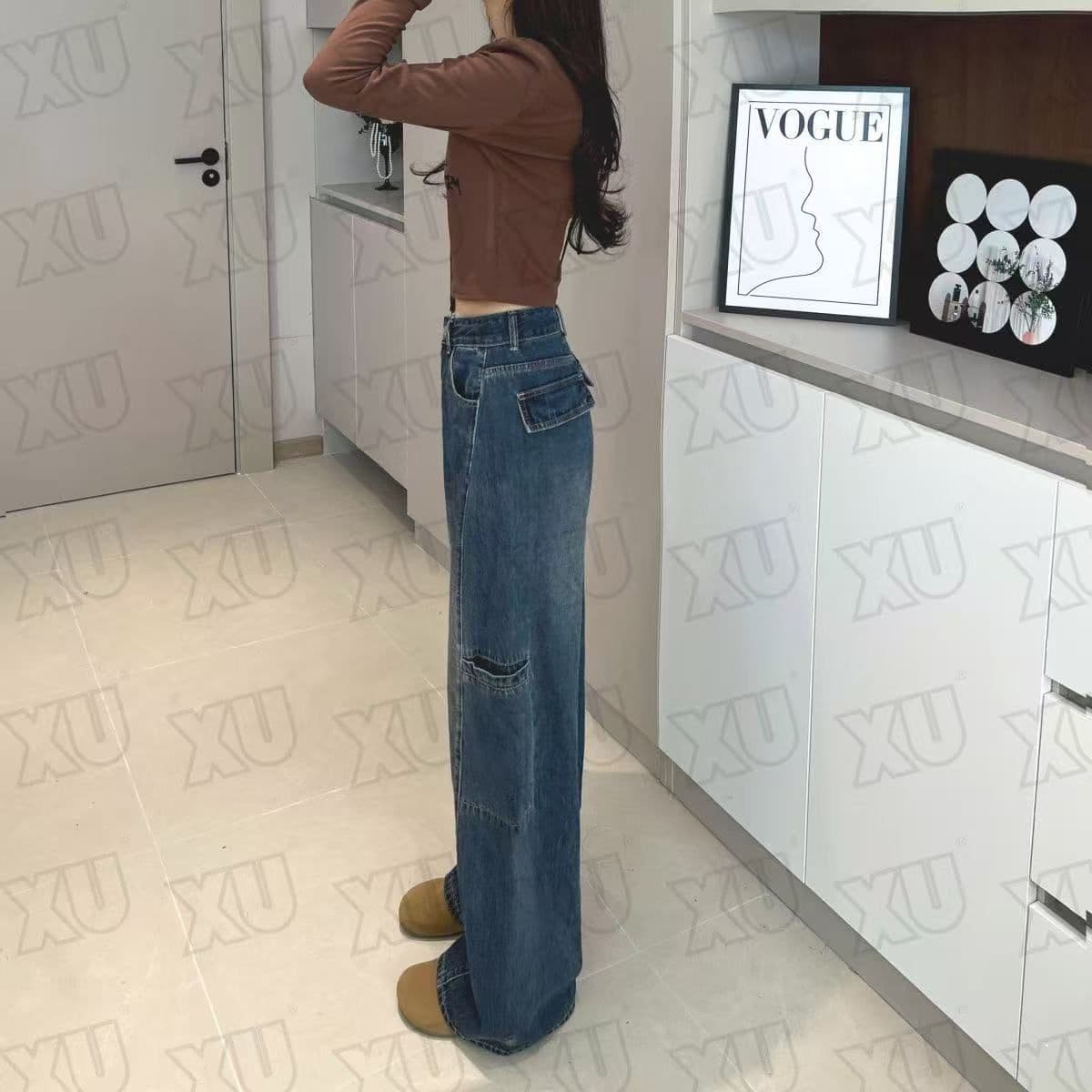 높은 품질 아메리칸 워크웨어 넓은 다리 청바지 여성 가을 새로운 하이웨이스트 디자인 센스 기타 주머니 스트레이트 바닥 청소 바지 상세 이미지 2