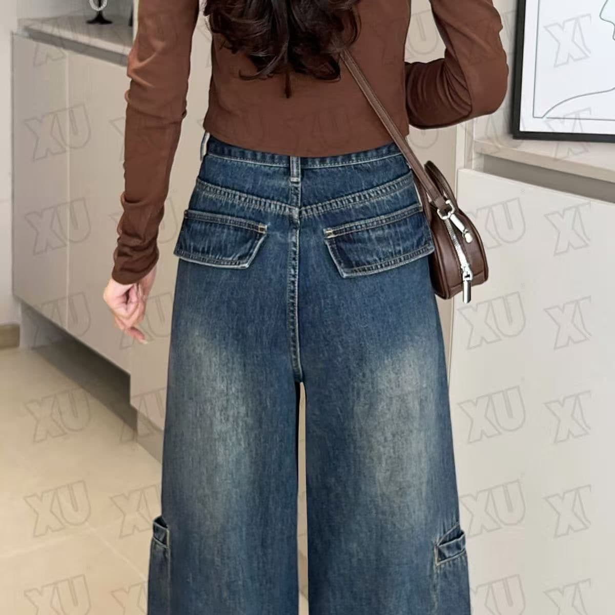 높은 품질 아메리칸 워크웨어 넓은 다리 청바지 여성 가을 새로운 하이웨이스트 디자인 센스 기타 주머니 스트레이트 바닥 청소 바지 상세 이미지 3