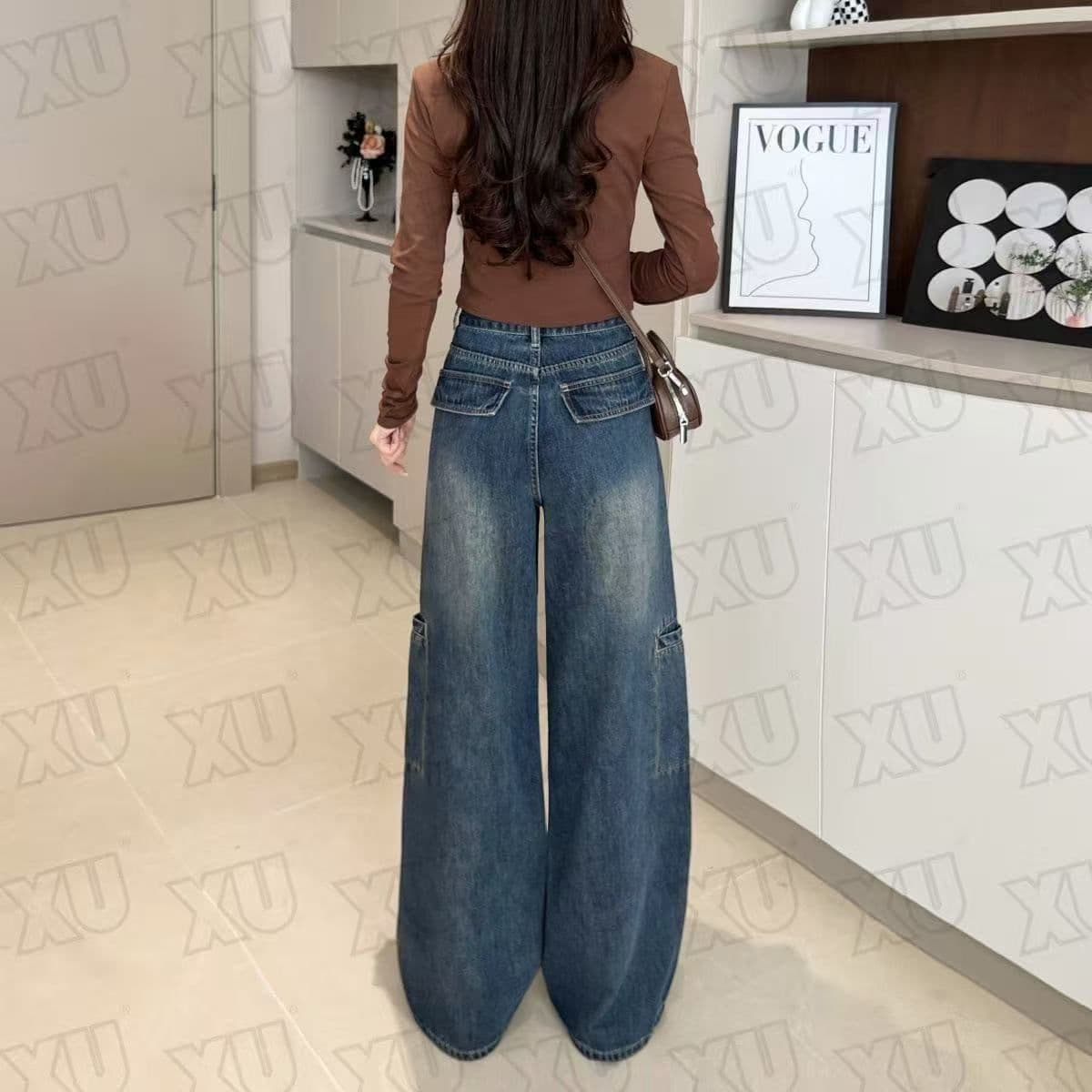 높은 품질 아메리칸 워크웨어 넓은 다리 청바지 여성 가을 새로운 하이웨이스트 디자인 센스 기타 주머니 스트레이트 바닥 청소 바지 상세 이미지 4