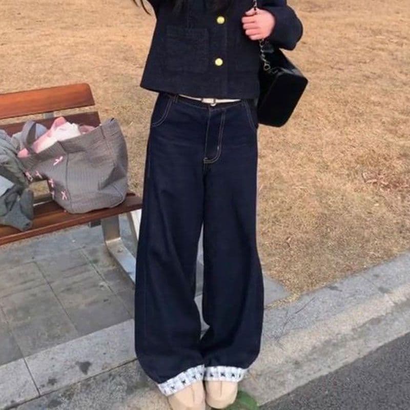 패치워크 체크무늬 볼륨 측면 청바지 여성 봄 여름 아메리칸 디자인 센스 몸매 가꾸기 루즈핏 스트레이트 하이웨이스트 넓은 다리 길이 바지 이미지 3