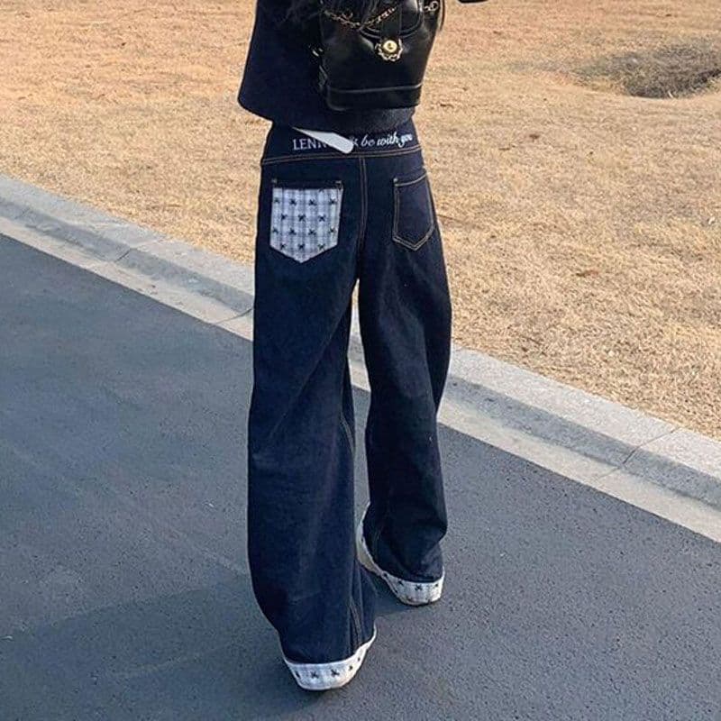 패치워크 체크무늬 볼륨 측면 청바지 여성 봄 여름 아메리칸 디자인 센스 몸매 가꾸기 루즈핏 스트레이트 하이웨이스트 넓은 다리 길이 바지 이미지 4
