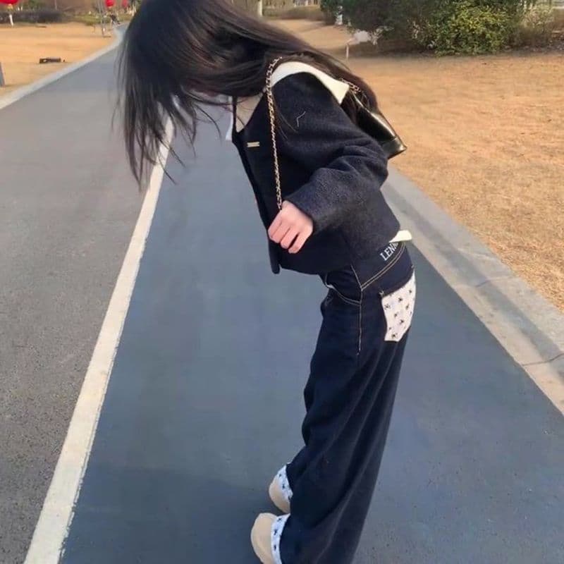 패치워크 체크무늬 볼륨 측면 청바지 여성 봄 여름 아메리칸 디자인 센스 몸매 가꾸기 루즈핏 스트레이트 하이웨이스트 넓은 다리 길이 바지 상세 이미지 5