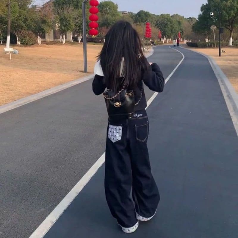 패치워크 체크무늬 볼륨 측면 청바지 여성 봄 여름 아메리칸 디자인 센스 몸매 가꾸기 루즈핏 스트레이트 하이웨이스트 넓은 다리 길이 바지 상세 이미지 6