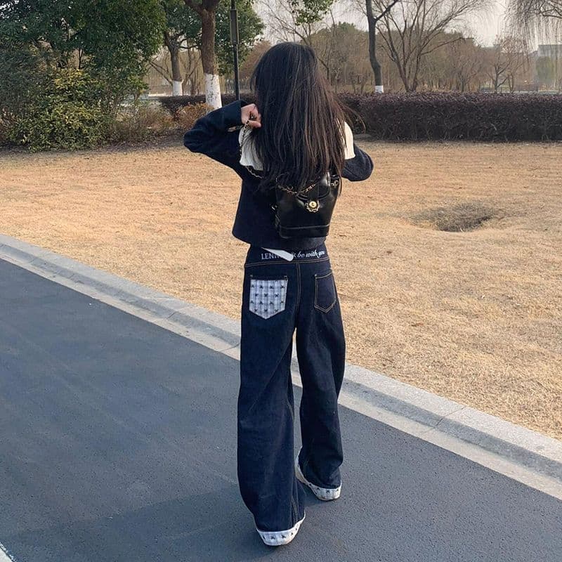 패치워크 체크무늬 볼륨 측면 청바지 여성 봄 여름 아메리칸 디자인 센스 몸매 가꾸기 루즈핏 스트레이트 하이웨이스트 넓은 다리 길이 바지 상세 이미지 7