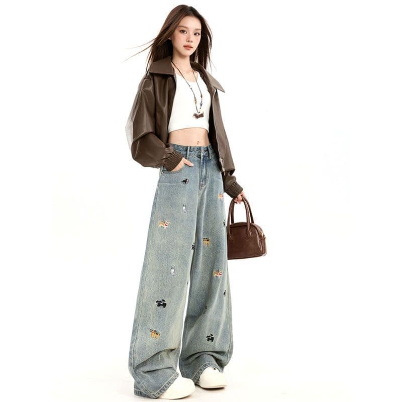 아메리칸 레트로 강아지 자수 하이웨이스트 넓은 다리 청바지 여성 여름 새로운 루즈핏 슬림해 보이는 스트레이트 바닥 청소 바지 이미지 3