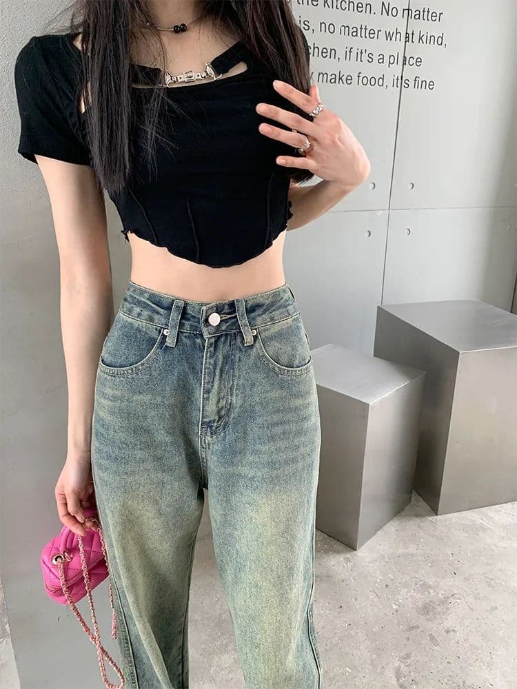 아메리칸 레트로 하이웨이스트 넓은 다리 청바지 여성 여름 디자인 센스 마 오래된 워싱 루즈핏 스트레이트 슬림해 보이는 바닥 청소 바지 이미지 4