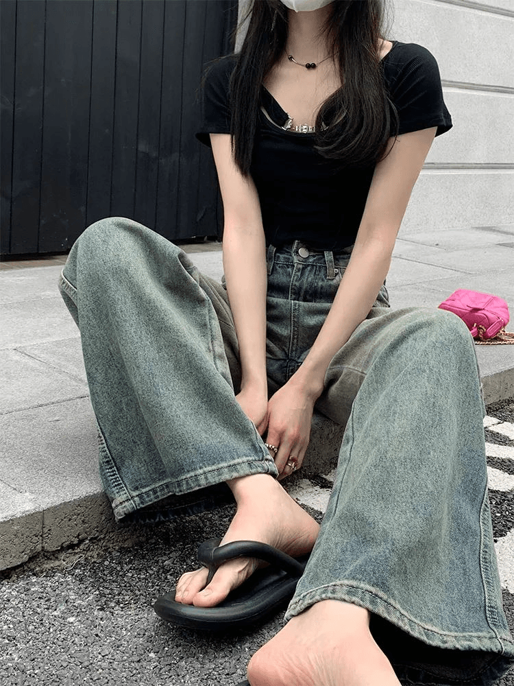 아메리칸 레트로 하이웨이스트 넓은 다리 청바지 여성 여름 디자인 센스 마 오래된 워싱 루즈핏 스트레이트 슬림해 보이는 바닥 청소 바지 상세 이미지 5