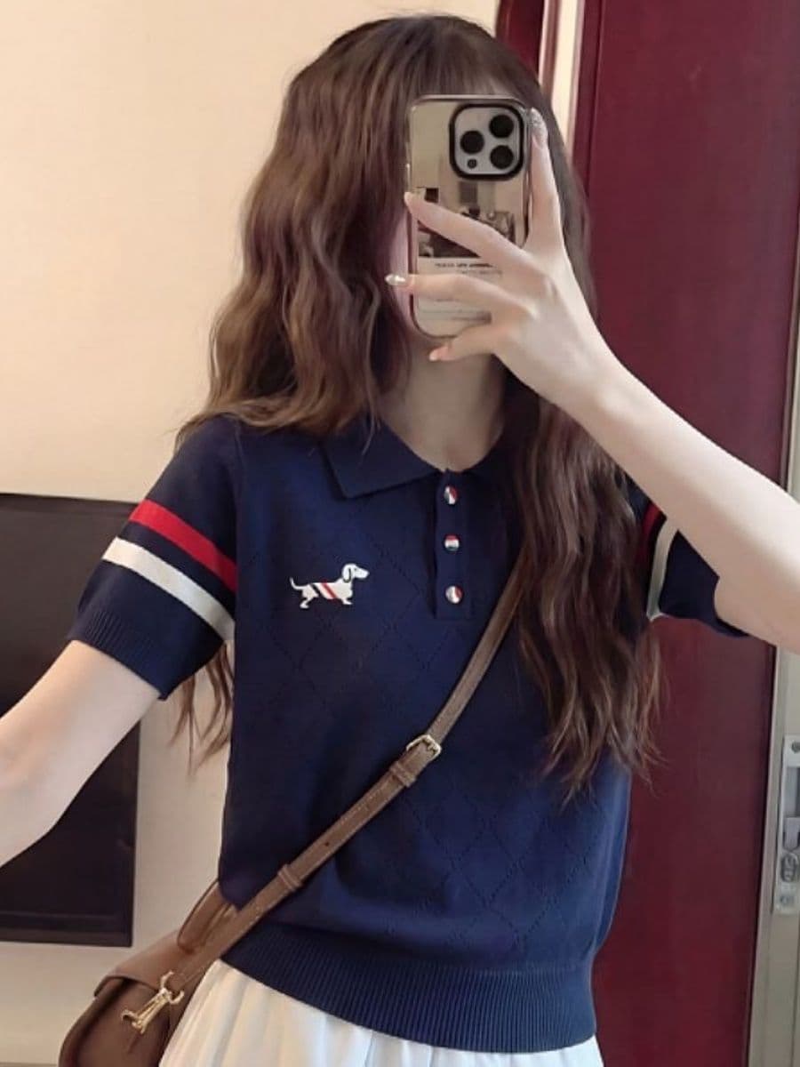 학원 스타일 자수 강아지 배색 폴로 칼라 반팔 니트 스웨터 여성 여름 새로운 POLO 칼라 맨위 상세 이미지 1