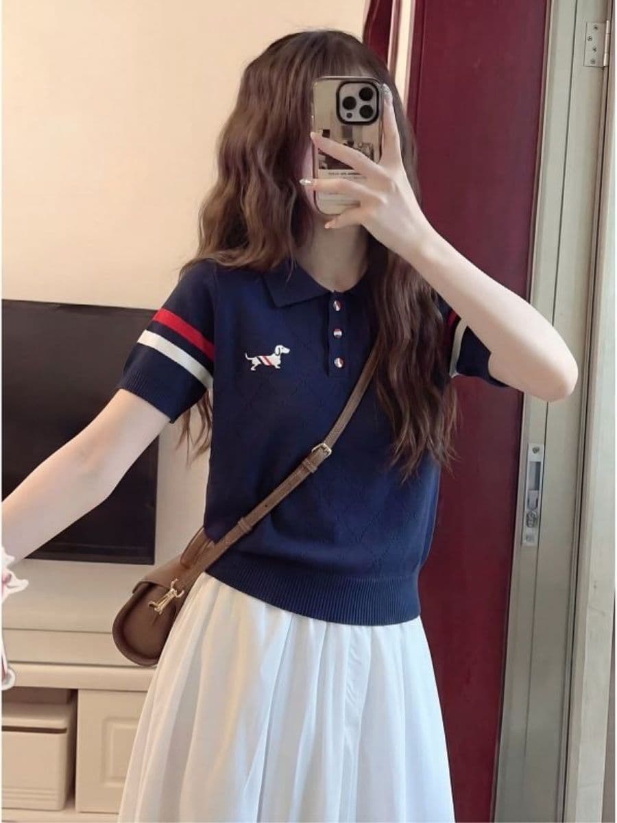 학원 스타일 자수 강아지 배색 폴로 칼라 반팔 니트 스웨터 여성 여름 새로운 POLO 칼라 맨위 상세 이미지 2