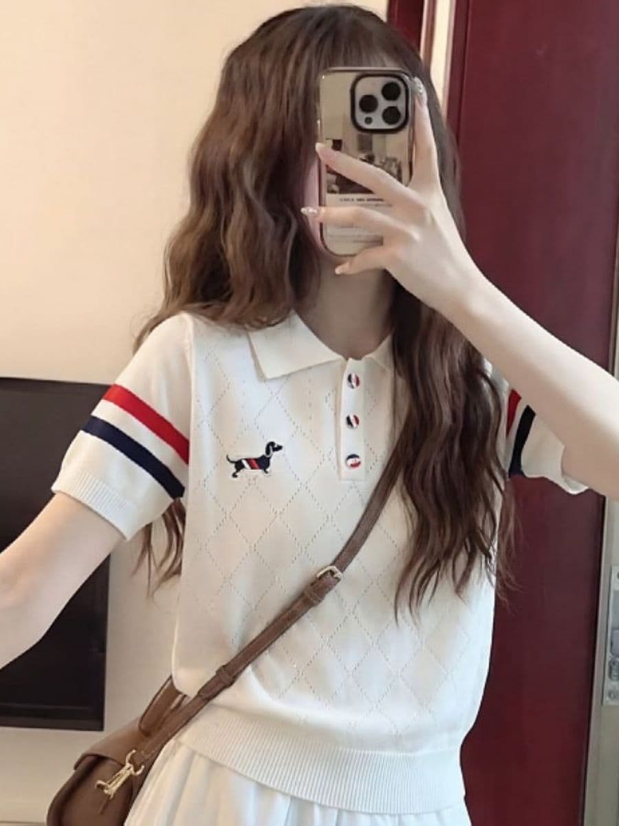 학원 스타일 자수 강아지 배색 폴로 칼라 반팔 니트 스웨터 여성 여름 새로운 POLO 칼라 맨위 상세 이미지 8