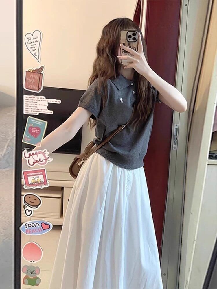 POLO 칼라 자수 소금 부서 니트 반팔 티셔츠 여성 여름 몸매 가꾸기 슬림해 보이는 쇼트 스타일 맨위 상세 이미지 1
