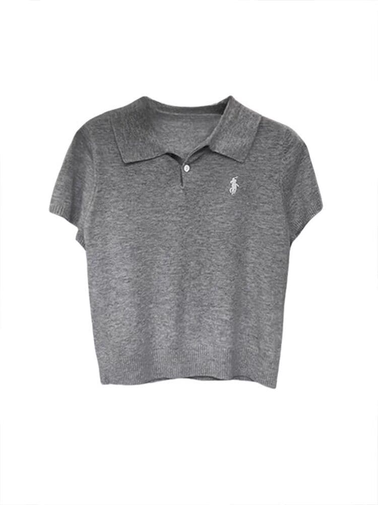 POLO 칼라 자수 소금 부서 니트 반팔 티셔츠 여성 여름 몸매 가꾸기 슬림해 보이는 쇼트 스타일 맨위 상세 이미지 5