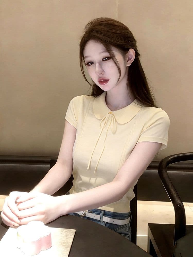 프랑스식 달콤함 레이스업 베이비 칼라 반팔 니트 스웨터 여성 여름 몸매 가꾸기 부드러운 슬림해 보이는 맨위 트렌디 이미지 2