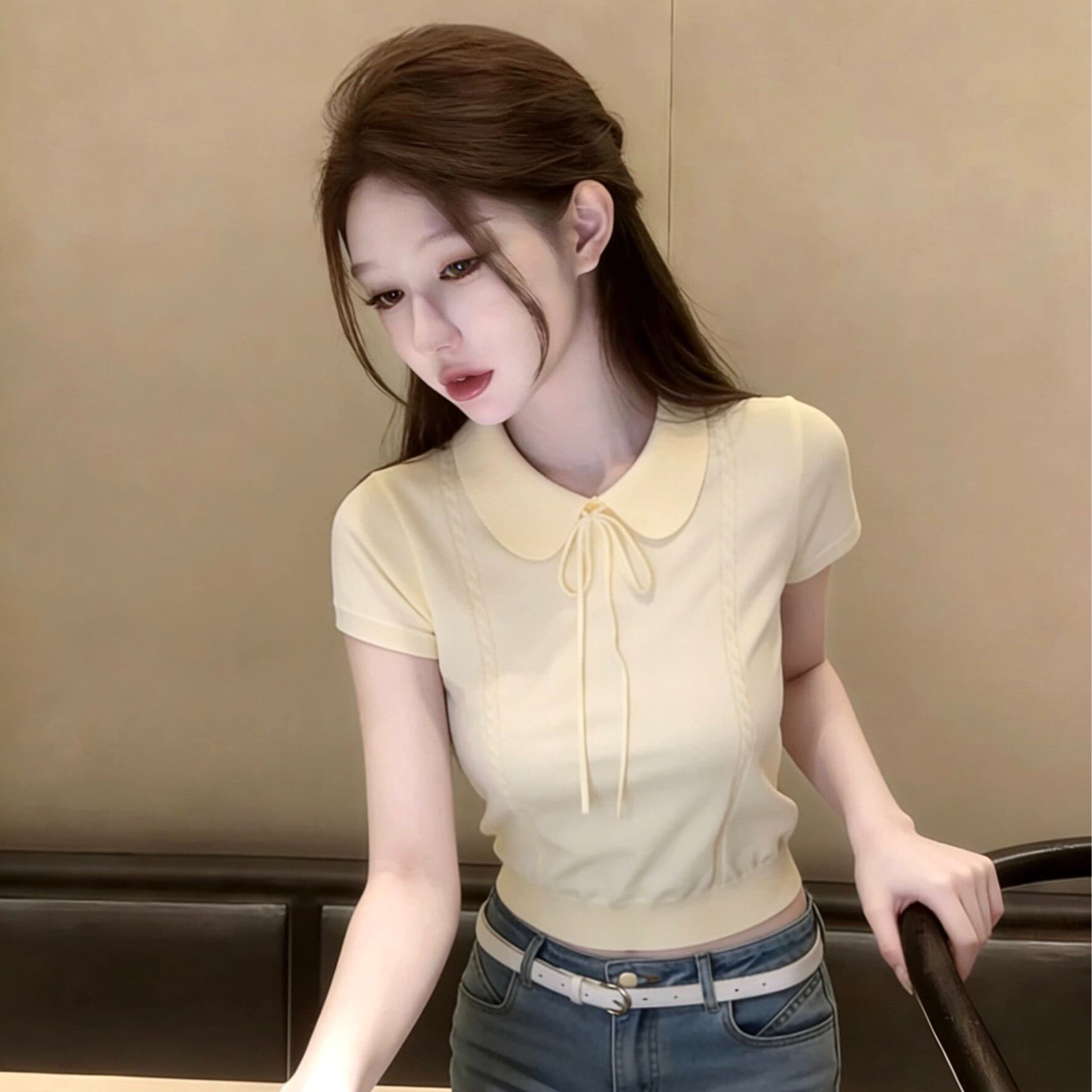 프랑스식 달콤함 레이스업 베이비 칼라 반팔 니트 스웨터 여성 여름 몸매 가꾸기 부드러운 슬림해 보이는 맨위 트렌디