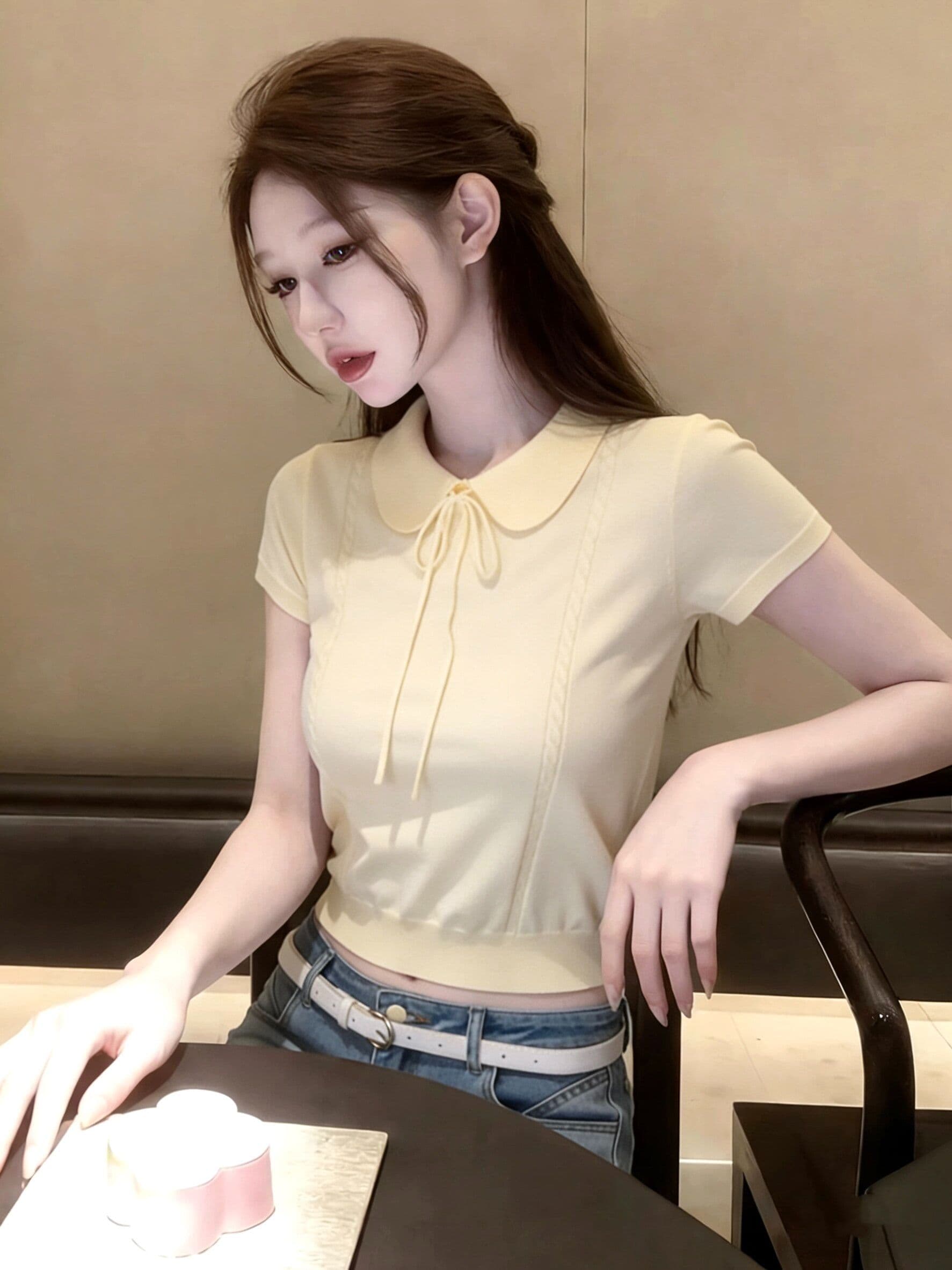 프랑스식 달콤함 레이스업 베이비 칼라 반팔 니트 스웨터 여성 여름 몸매 가꾸기 부드러운 슬림해 보이는 맨위 트렌디 상세 이미지 1