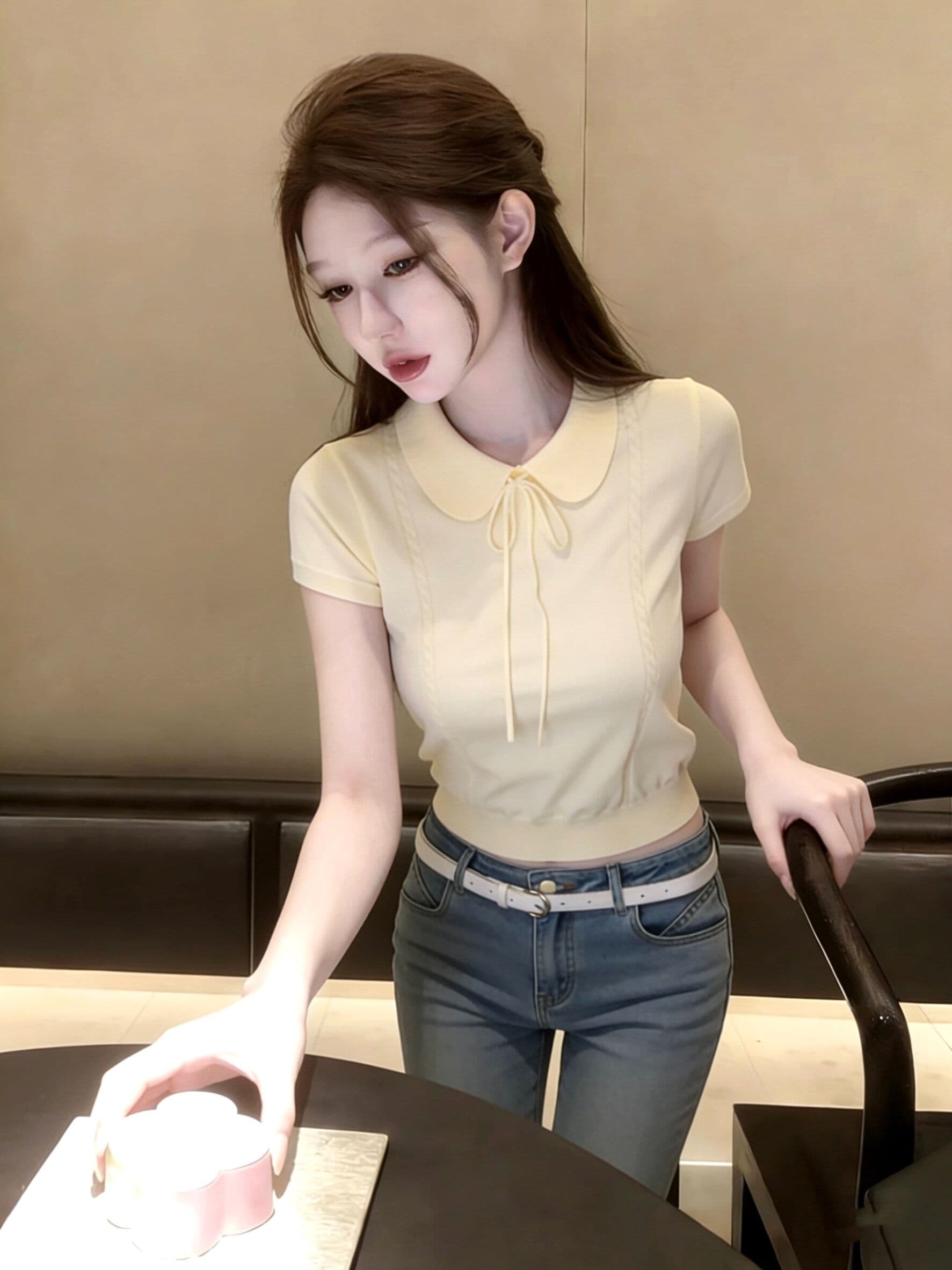 프랑스식 달콤함 레이스업 베이비 칼라 반팔 니트 스웨터 여성 여름 몸매 가꾸기 부드러운 슬림해 보이는 맨위 트렌디 상세 이미지 3