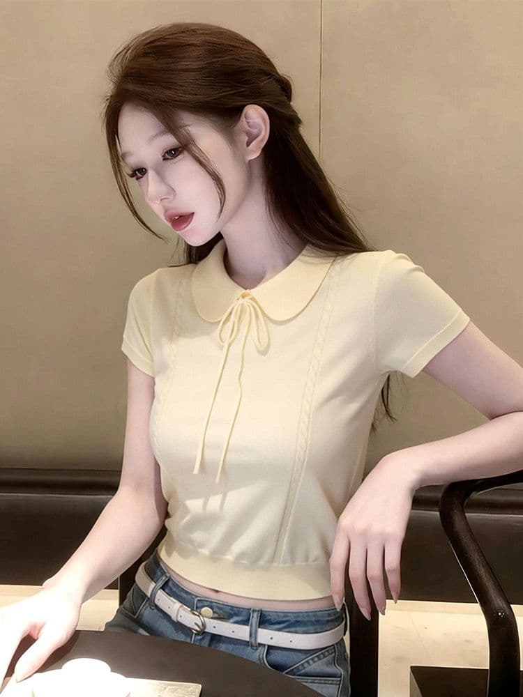 프랑스식 달콤함 레이스업 베이비 칼라 반팔 니트 스웨터 여성 여름 몸매 가꾸기 부드러운 슬림해 보이는 맨위 트렌디 상세 이미지 5