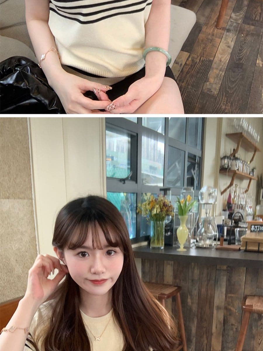 라운드 넥 스트라이프 살구 색상 니트 스웨터 여성 얇은 스타일 반팔 티셔츠 캐주얼 다용도 오래된 돈 바람 맨위 상세 이미지 2