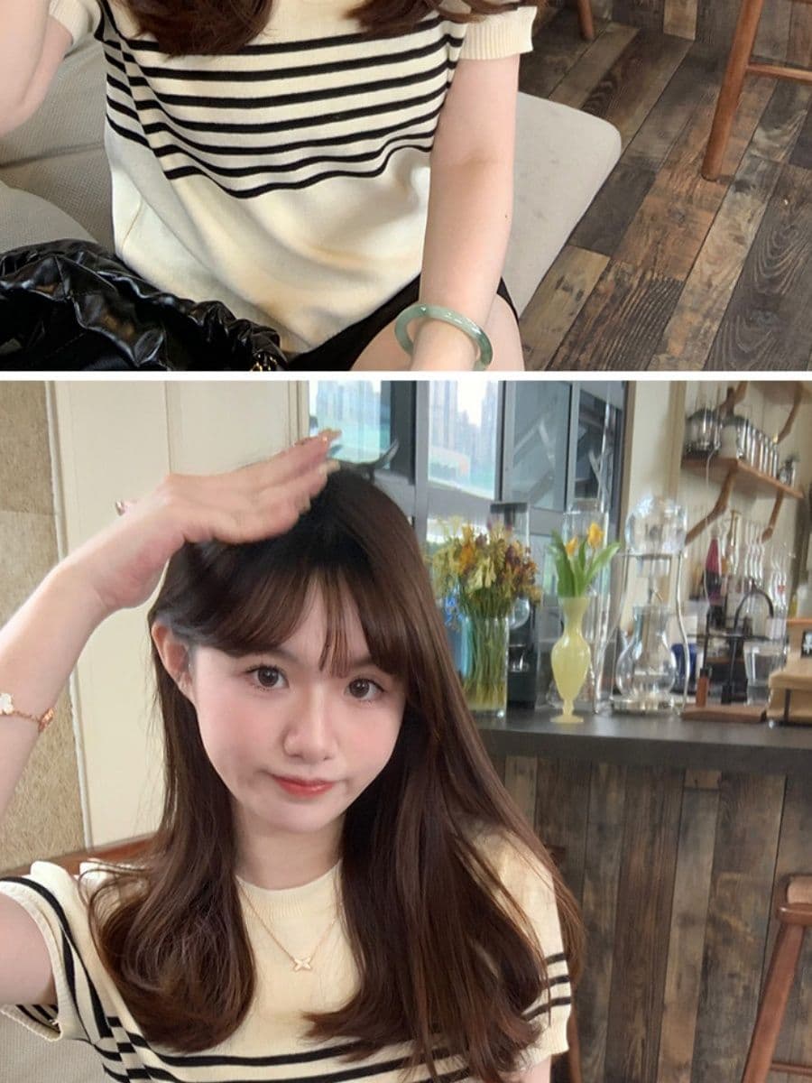 라운드 넥 스트라이프 살구 색상 니트 스웨터 여성 얇은 스타일 반팔 티셔츠 캐주얼 다용도 오래된 돈 바람 맨위 상세 이미지 3