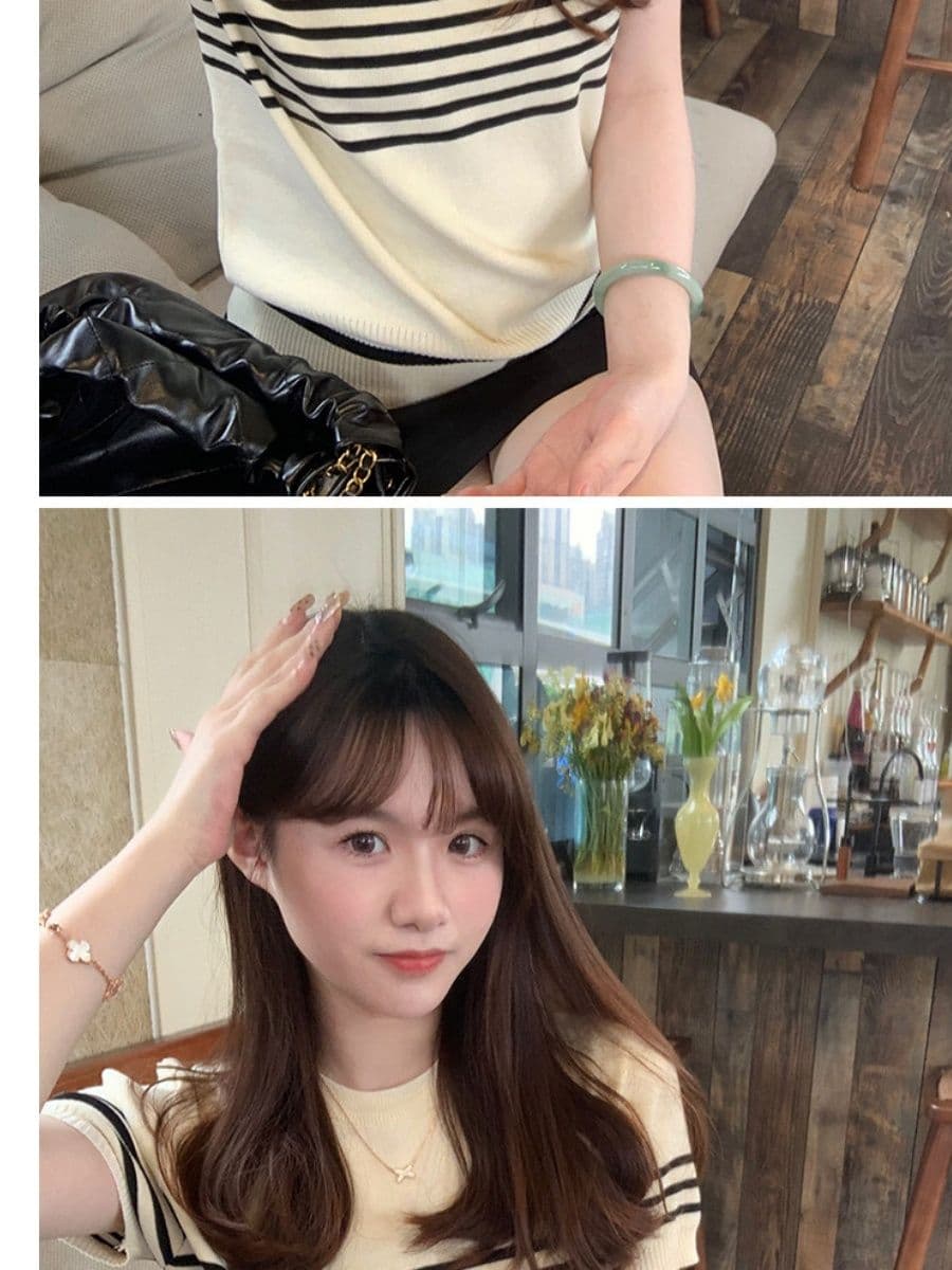 라운드 넥 스트라이프 살구 색상 니트 스웨터 여성 얇은 스타일 반팔 티셔츠 캐주얼 다용도 오래된 돈 바람 맨위 상세 이미지 4