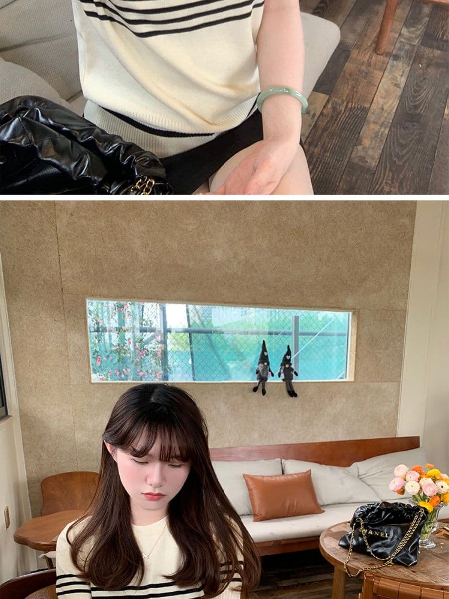 라운드 넥 스트라이프 살구 색상 니트 스웨터 여성 얇은 스타일 반팔 티셔츠 캐주얼 다용도 오래된 돈 바람 맨위 상세 이미지 5