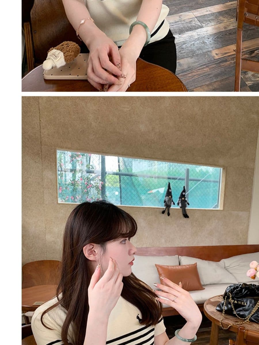 라운드 넥 스트라이프 살구 색상 니트 스웨터 여성 얇은 스타일 반팔 티셔츠 캐주얼 다용도 오래된 돈 바람 맨위 상세 이미지 6