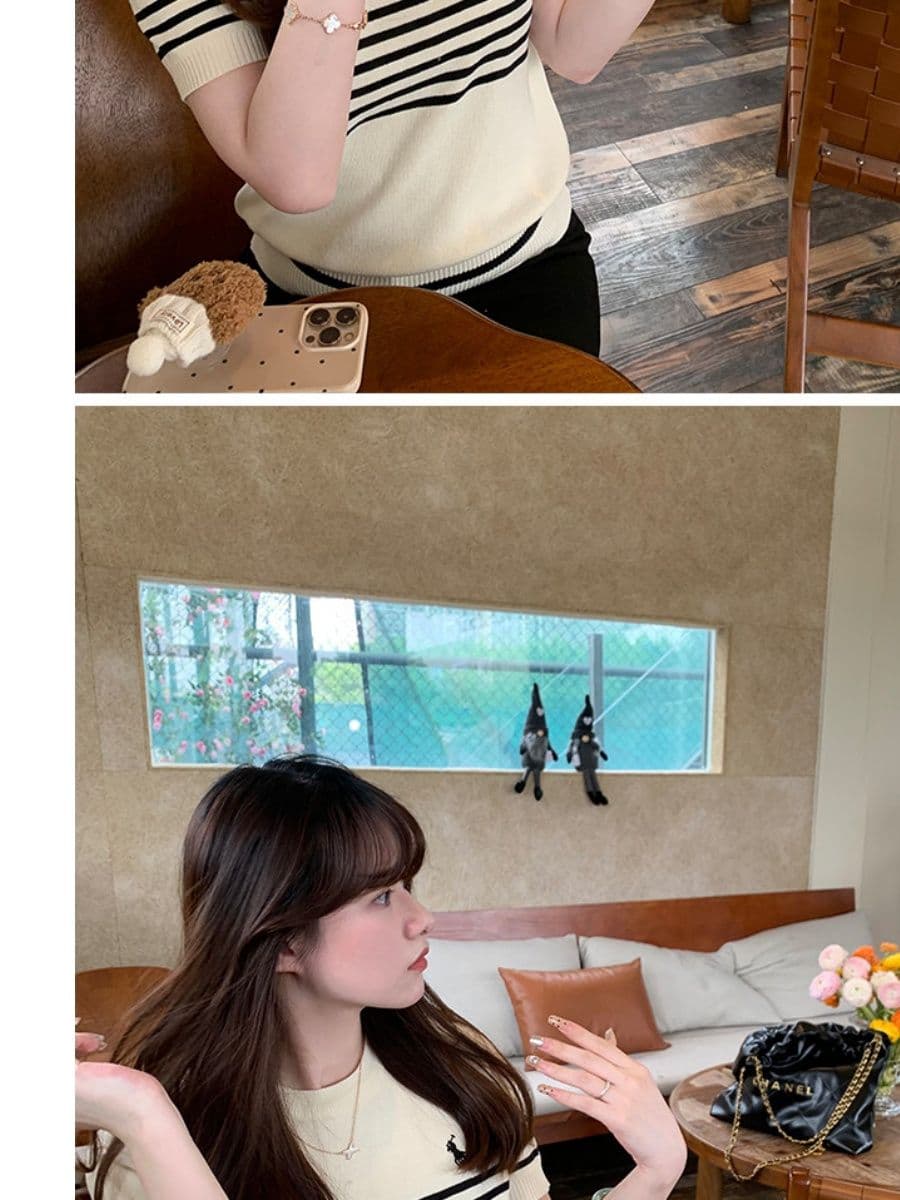 라운드 넥 스트라이프 살구 색상 니트 스웨터 여성 얇은 스타일 반팔 티셔츠 캐주얼 다용도 오래된 돈 바람 맨위 상세 이미지 7