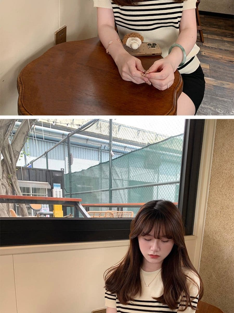 라운드 넥 스트라이프 살구 색상 니트 스웨터 여성 얇은 스타일 반팔 티셔츠 캐주얼 다용도 오래된 돈 바람 맨위 상세 이미지 10