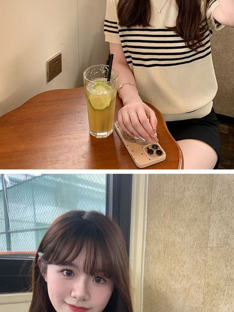 라운드 넥 스트라이프 살구 색상 니트 스웨터 여성 얇은 스타일 반팔 티셔츠 캐주얼 다용도 오래된 돈 바람 맨위 상세 이미지 12