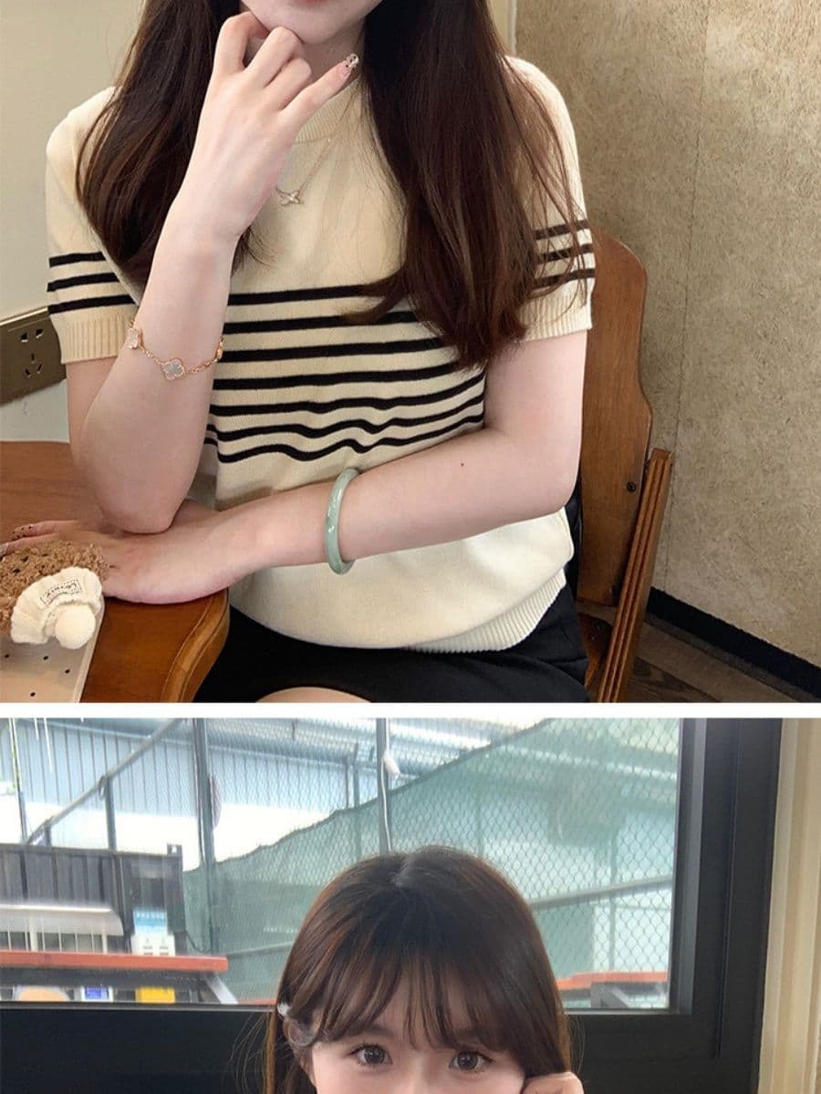 라운드 넥 스트라이프 살구 색상 니트 스웨터 여성 얇은 스타일 반팔 티셔츠 캐주얼 다용도 오래된 돈 바람 맨위 상세 이미지 13