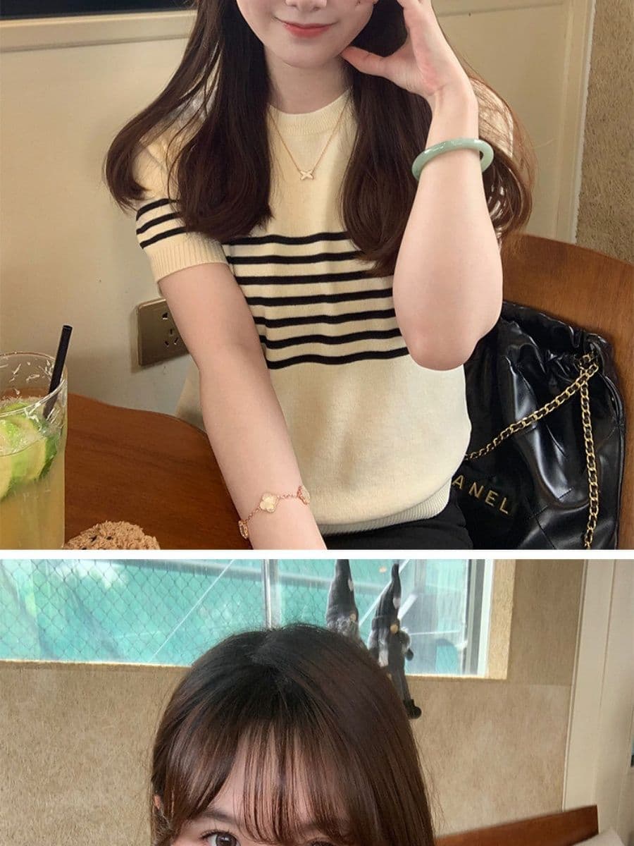 라운드 넥 스트라이프 살구 색상 니트 스웨터 여성 얇은 스타일 반팔 티셔츠 캐주얼 다용도 오래된 돈 바람 맨위 상세 이미지 14